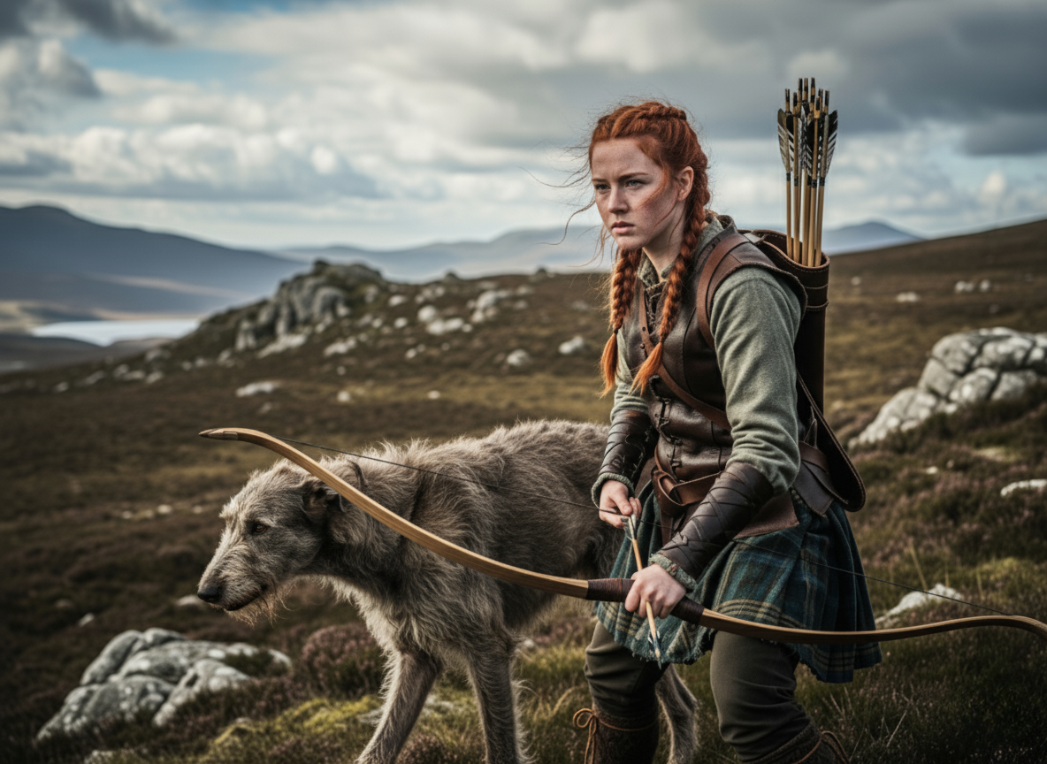 red head with bow and arrow with a grey hunting hound