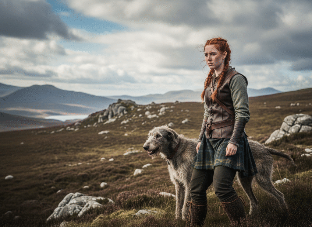 A woman in historical or period clothing stands on a grassy hill, gazing out at a mountainous landscape. Beside her is a large Scottish Deerhound dog. She is wearing a dress or skirt and a dark shawl, and she is not carrying any visible hunting gear.
