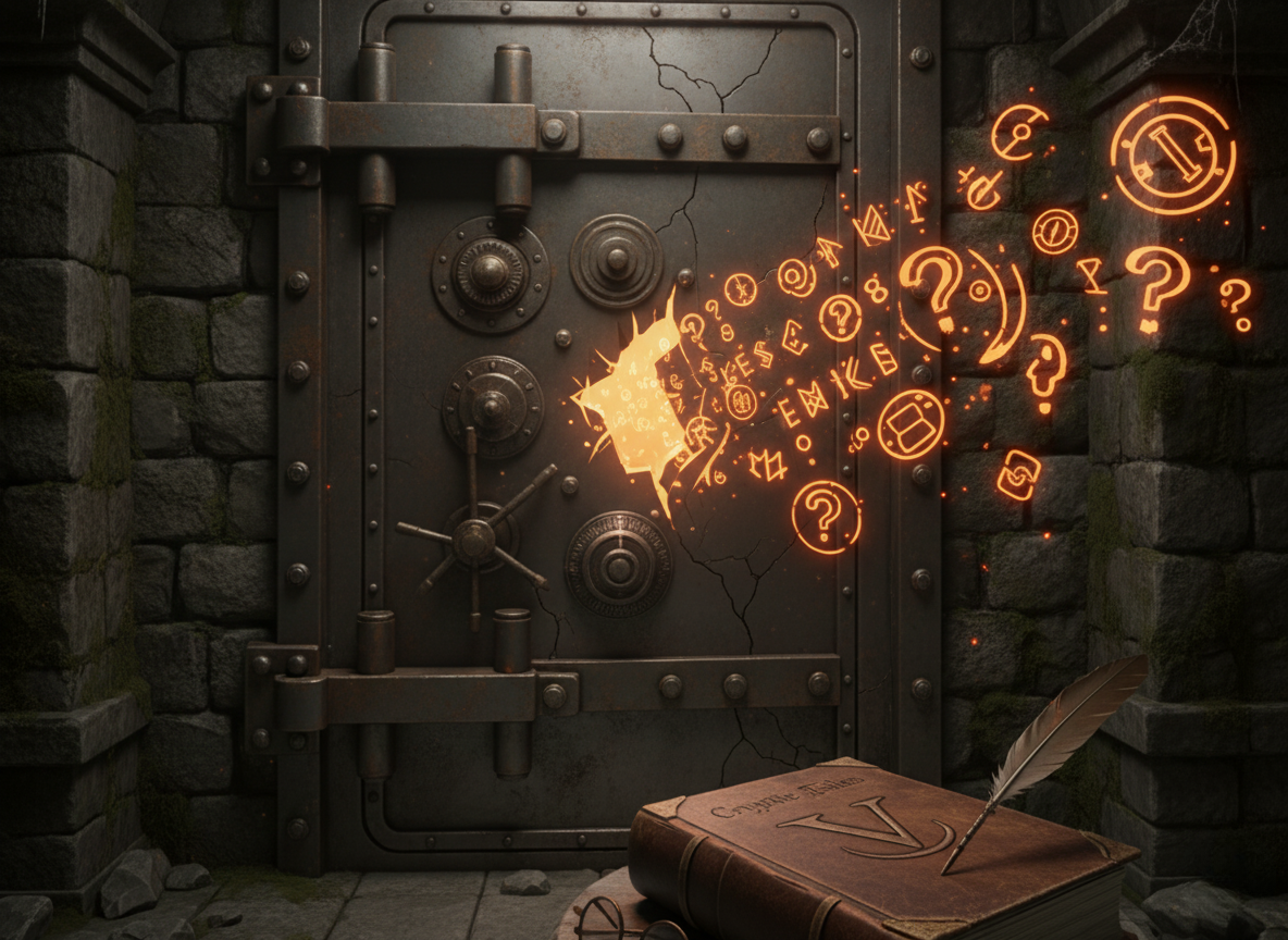 A darkly lit, ominous image of a massive, heavily reinforced steel vault door, slightly ajar, revealing a cryptic glow and wisps of smoke or mist emanating from the dark interior. Engraved text above the door reads "The Vault."