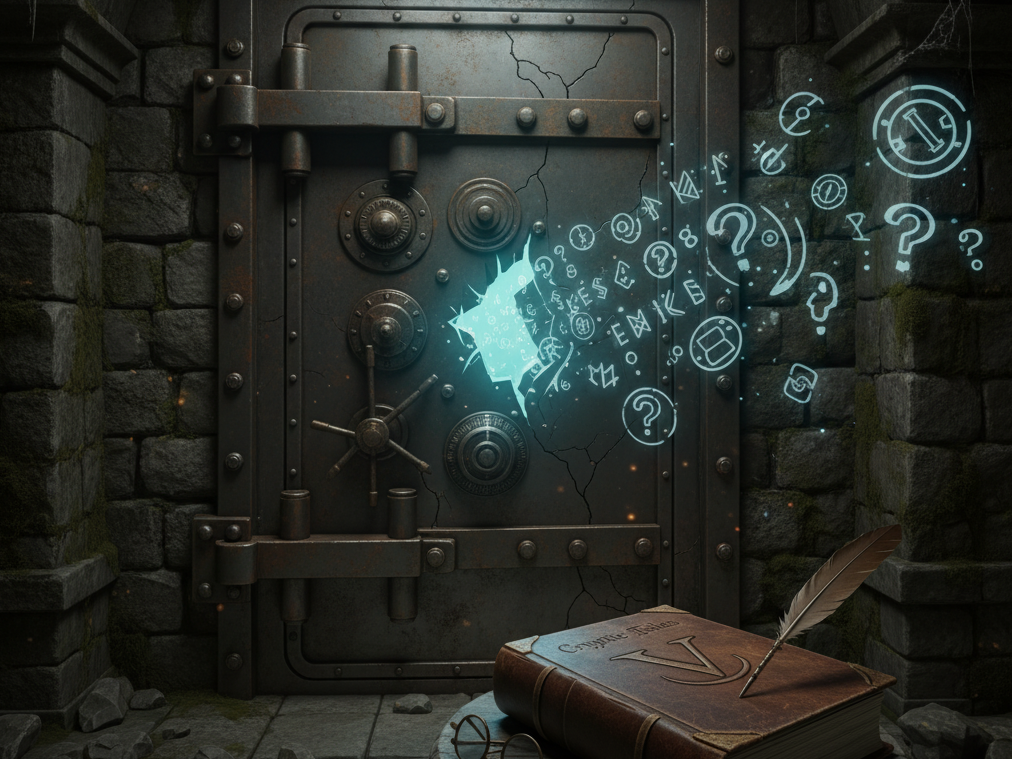 A darkly lit, ominous image of a massive, heavily reinforced steel vault door, slightly ajar, revealing a cryptic glow and wisps of smoke or mist emanating from the dark interior. Engraved text above the door reads "The Vault."
