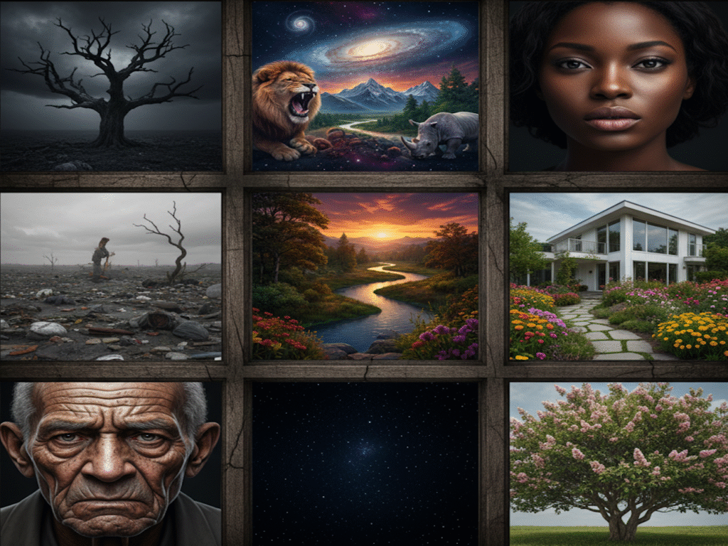 A wooden-framed nine-panel grid presents contrasting images of nature, humanity, and cosmic elements.