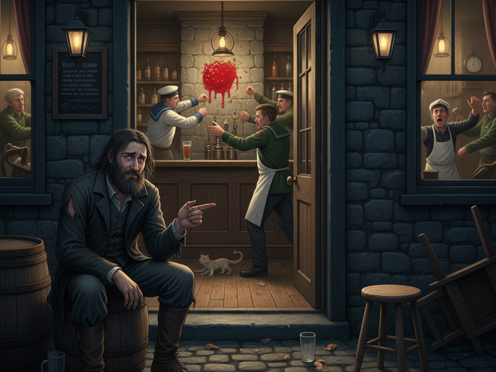 A close-up, high-contrast image of a distraught man sitting outside a pub entrance, covering his face with his hand in despair. The background is chaotic and dimly lit, showing blurry figures of men in Navy (white) and Army (green) uniforms fighting in the pub doorway. The scene subtly hints at the chain reaction, with a small, distant detail on the wall, representing the "jam" that started the chaos.