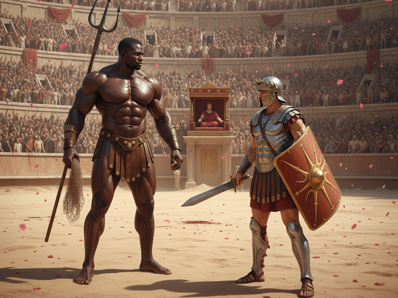 a tall gladiator with a fork and net ready for battle with a roman attired opponent with Caeser an onlookers in in the background colosseum