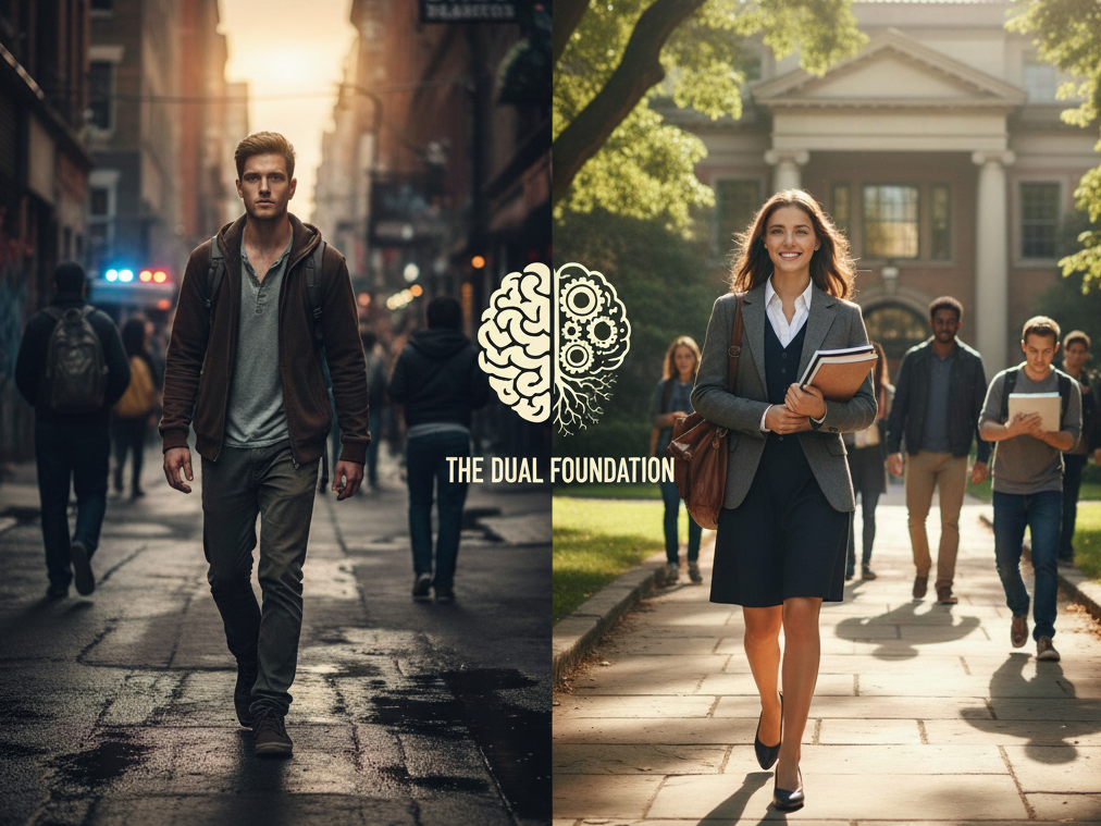 A split image shows the contrast between "Street Wise" and "College Wise." On the left, a young man of color walks down a gritty, sunlit city street with crowded buildings and blurred figures. On the right, a young woman of color, dressed in smart business attire, smiles and walks confidently down a leafy college path toward a grand academic building, holding books. A subtle graphic of a brain split in two—one side mechanical/gears (College), the other organic/roots (Street)—is centered between them, with the text "THE DUAL FOUNDATION" below it.