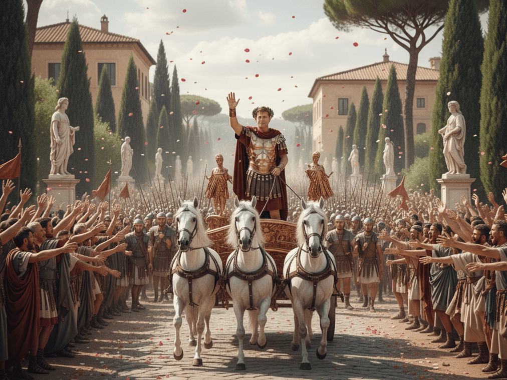 Caesar riding on a chariot through adoring crowds