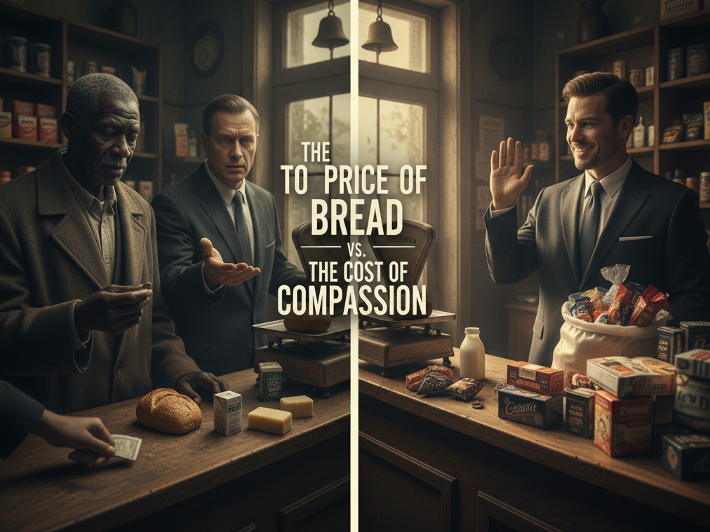 an elderly homeless man trying to buy bread with 2 men in business suites.