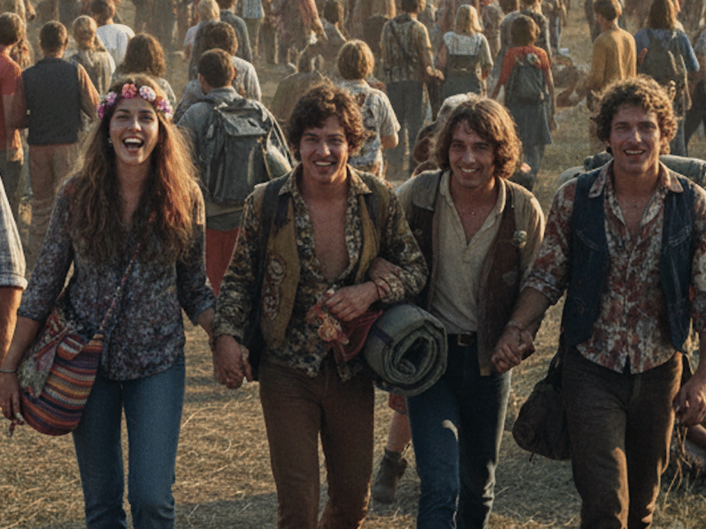 four happy friends walking holding hands at an outdoor event