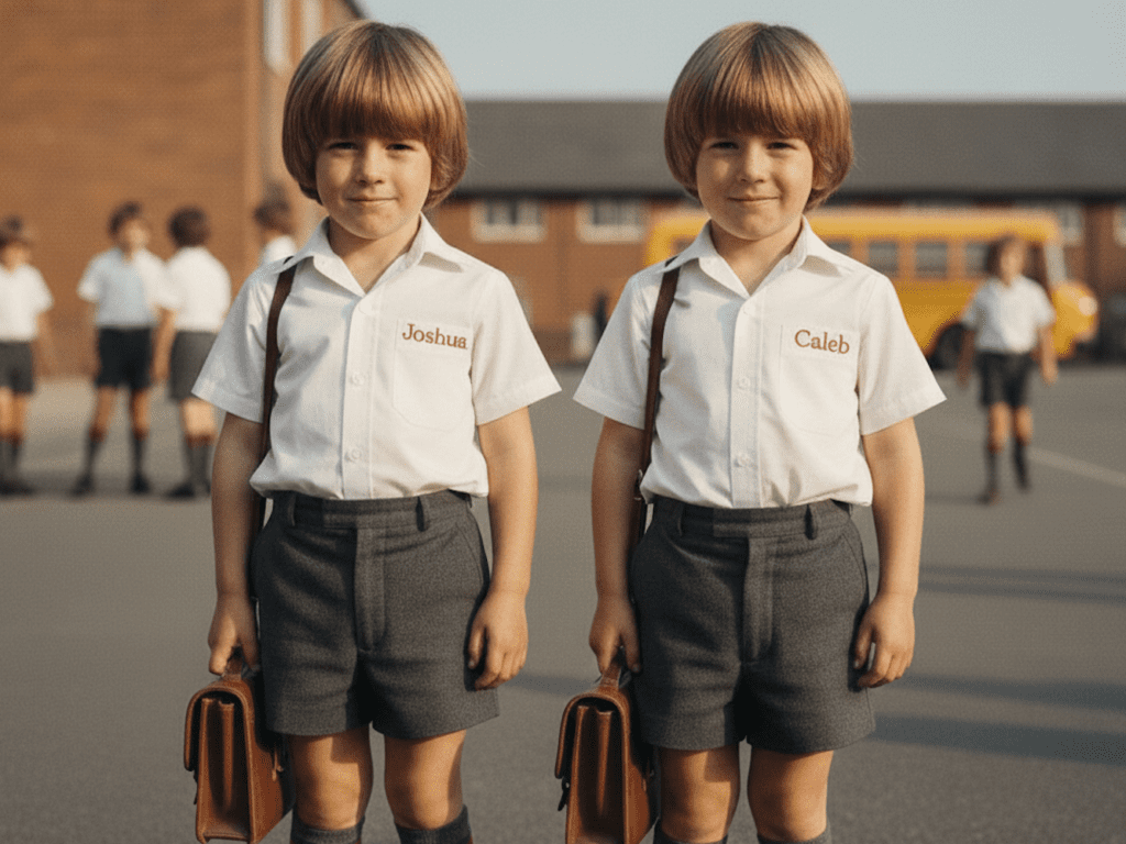 smiling twin boys in uniform's first day at school