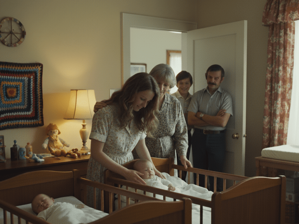 young mom settling newborn twins into their cribs as her mother helps and family adoringly watches