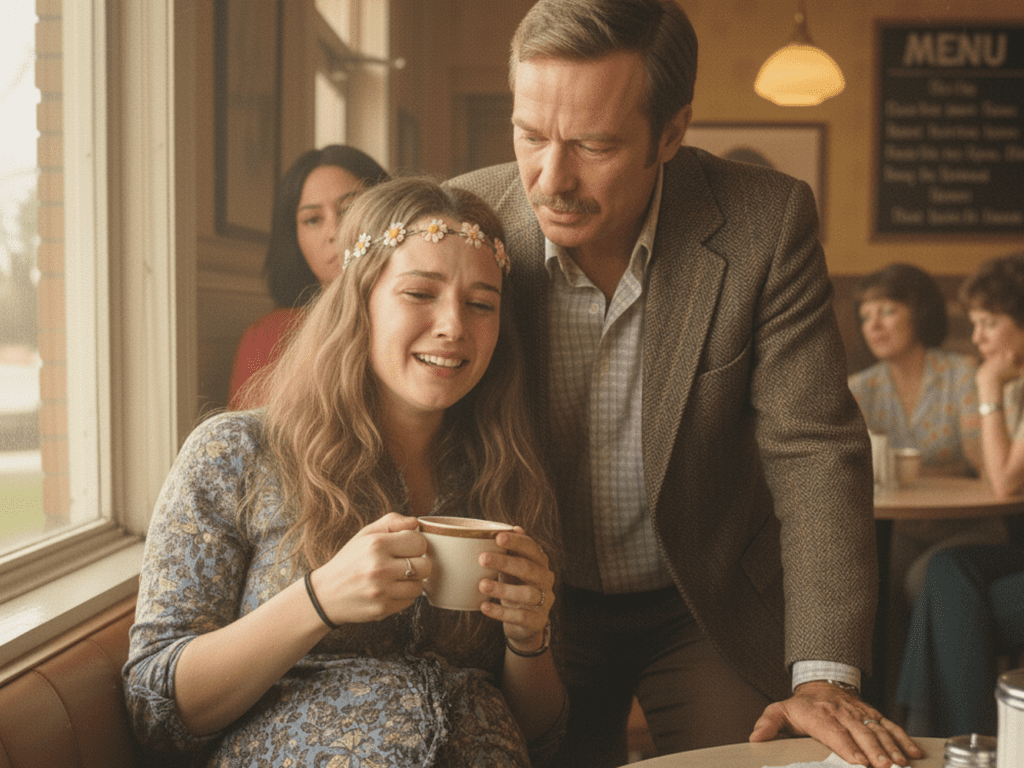 pregnant women experiencing mixed emotions as an older man comforts her in a coffee shop