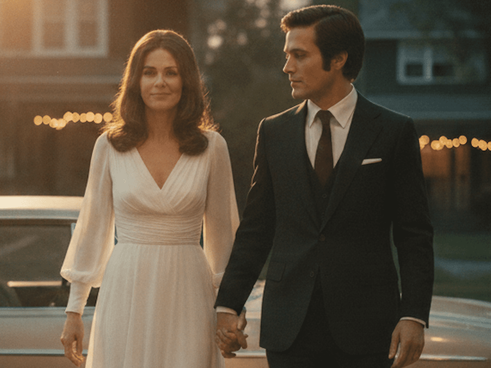man holding woman's hand looking adoringly at her. women wearing white dress smiling