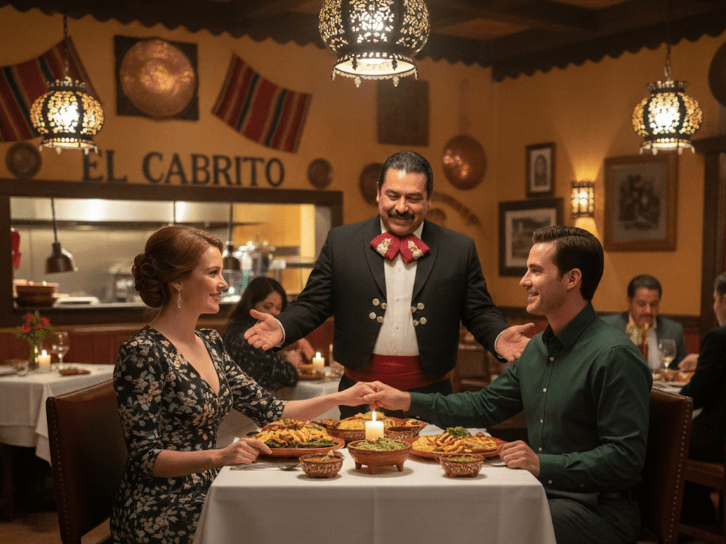 man and woman on a date sitting in a Mexican restaurant with traditional dressed server