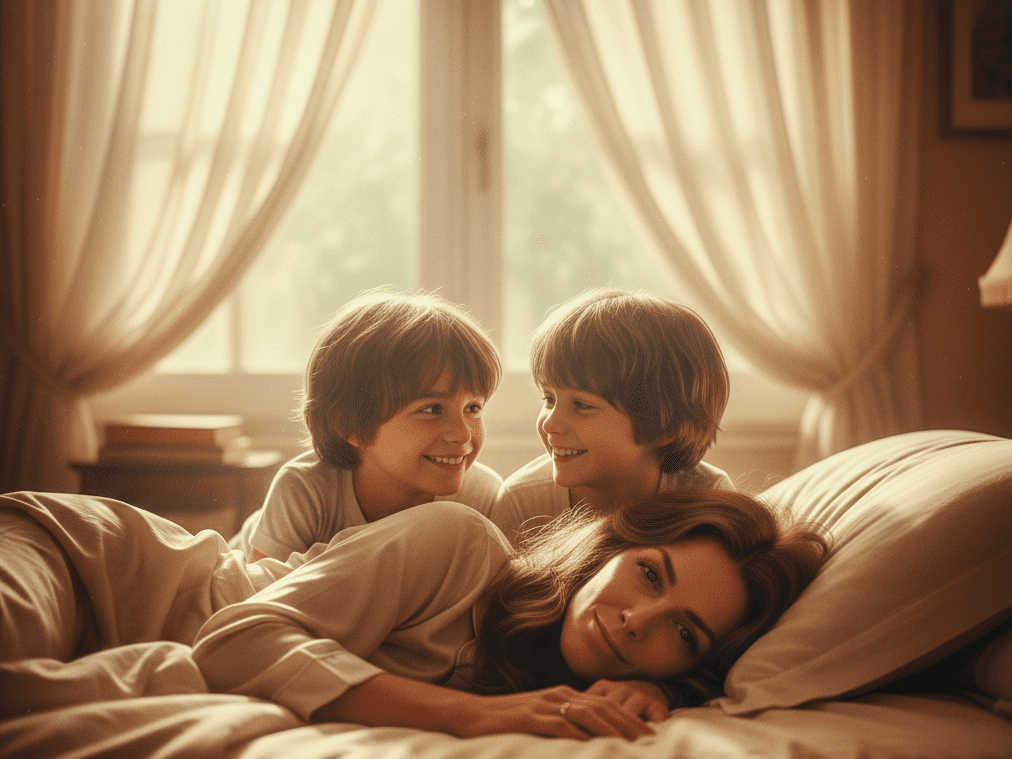 twin boys looking at each other smiling and leaning on mom while she lays on the bed