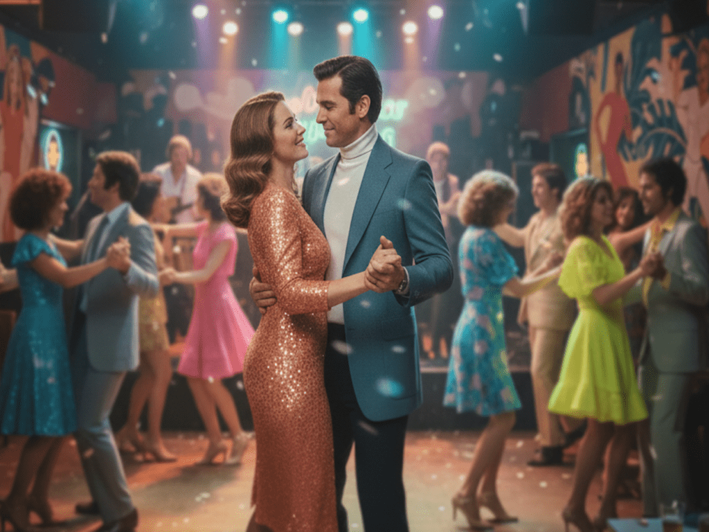 woman dancing in a peach sequin dress with man at a night club