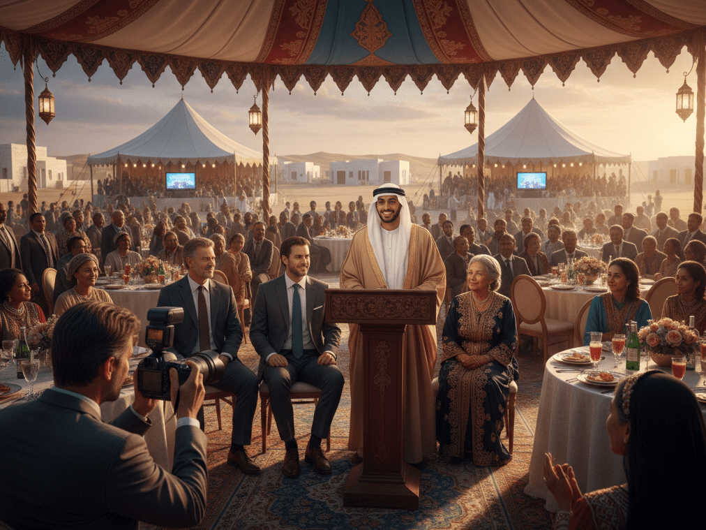 A wide-angle view of a grand desert celebration inside a lavish, open-sided silk marquee. In the center, a young Sheikh in gold and white robes speaks from a wooden podium. He is flanked by seated international dignitaries in suits and an elegant elderly woman in traditional dark attire. In the foreground, a professional photographer captures the scene. The background shows white desert buildings and additional celebration tents under a warm, glowing sunset.