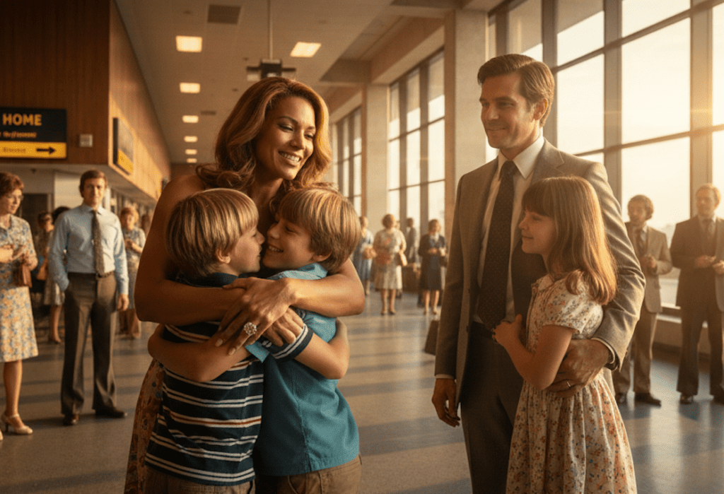 A warm, cinematic scene in a 1970s airport arrivals terminal. Rosemary Ascott, glowing with a sun-kissed tan and wearing a vibrant floral dress, beams with joy as she pulls her twin sons, Joshua and Caleb, into a heartfelt embrace. The prominent two-carat pink diamond engagement ring sparkles on her hand. Beside them, Jeremy Clay, dressed in a sharp vintage grey suit, smiles down at his daughter Mary-Jane, who looks up at him with a poised, happy expression. The golden hour sunlight streams through the large terminal windows, illuminating the reunited blended family against a nostalgic backdrop of travellers in period-accurate 1970s attire.
