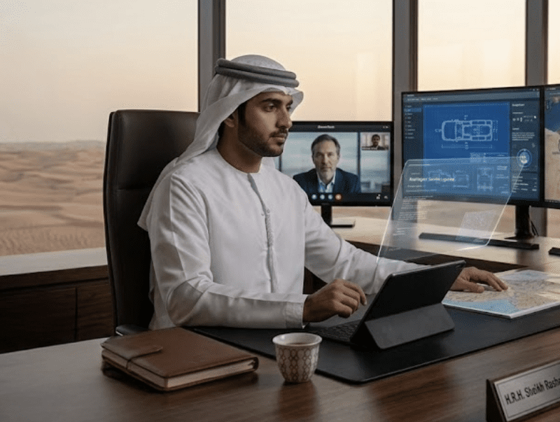 Sheikh Rashad sits in a high-tech desert office, silhouetted against sprawling sand dunes, reviewing digital blueprints