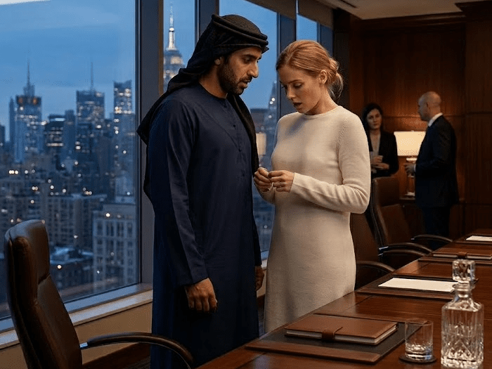 A cinematic medium shot within a refined Manhattan hotel boardroom (image_2.png). Sheikh Rashad (tailored dark thobe, consistent with image_0.png) stands close to Ester Van Dhoon (white knitted dress). They are both looking down at Ester's cleavage top, where a visible light-colored crumb has landed after an accidental bump. City lights begin to glow outside the large window. The atmosphere is wealthy, surprising, and subtly intense with a new connection.