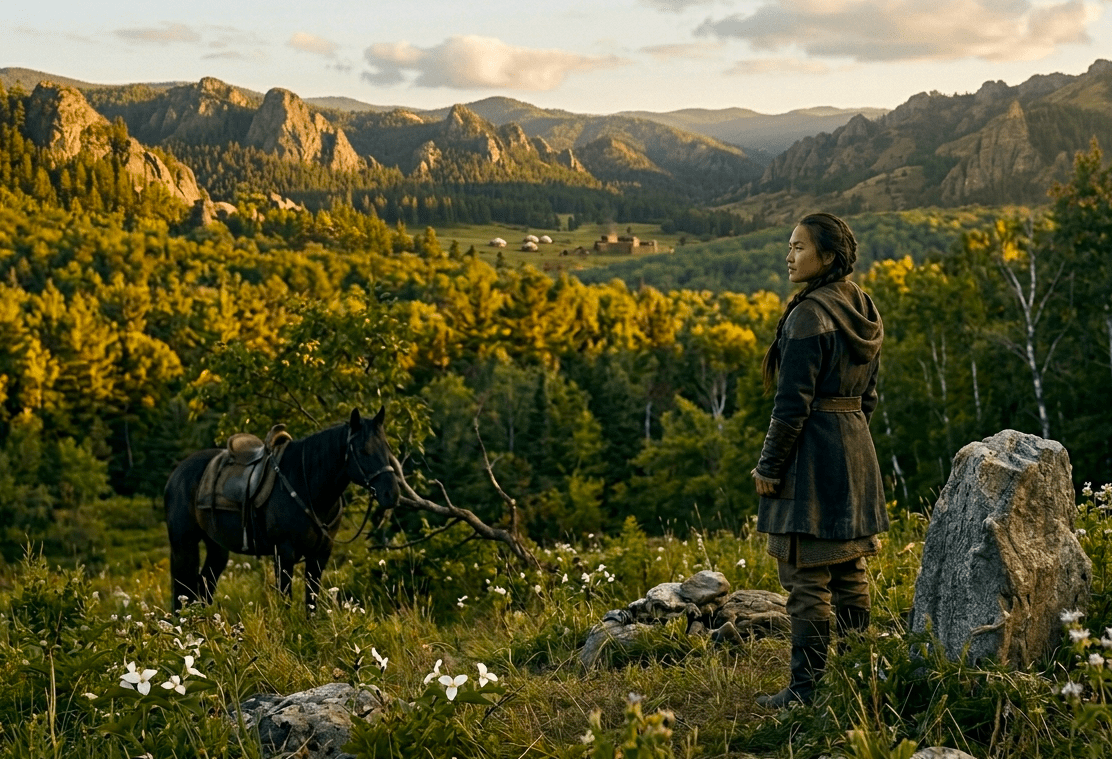 A woman in historical attire stands in a hilly, forested landscape, her back to the viewer. To her left, a horse with a saddle stands near some white wildflowers. A rock formation is to her right, and small yurts can be seen in the distance. The setting suggests a wilderness or pastoral area with natural features.