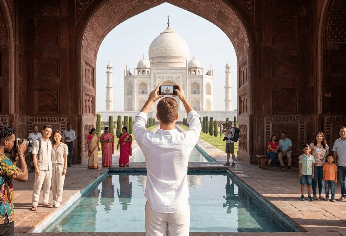 A man in a white linen shirt stands with his back to the viewer, holding up a smartphone to photograph the Taj Mahal through a grand sandstone archway. A diverse group of multi-racial tourists is scattered near the long reflecting pool and symmetrical walkways under a bright, clear sky.