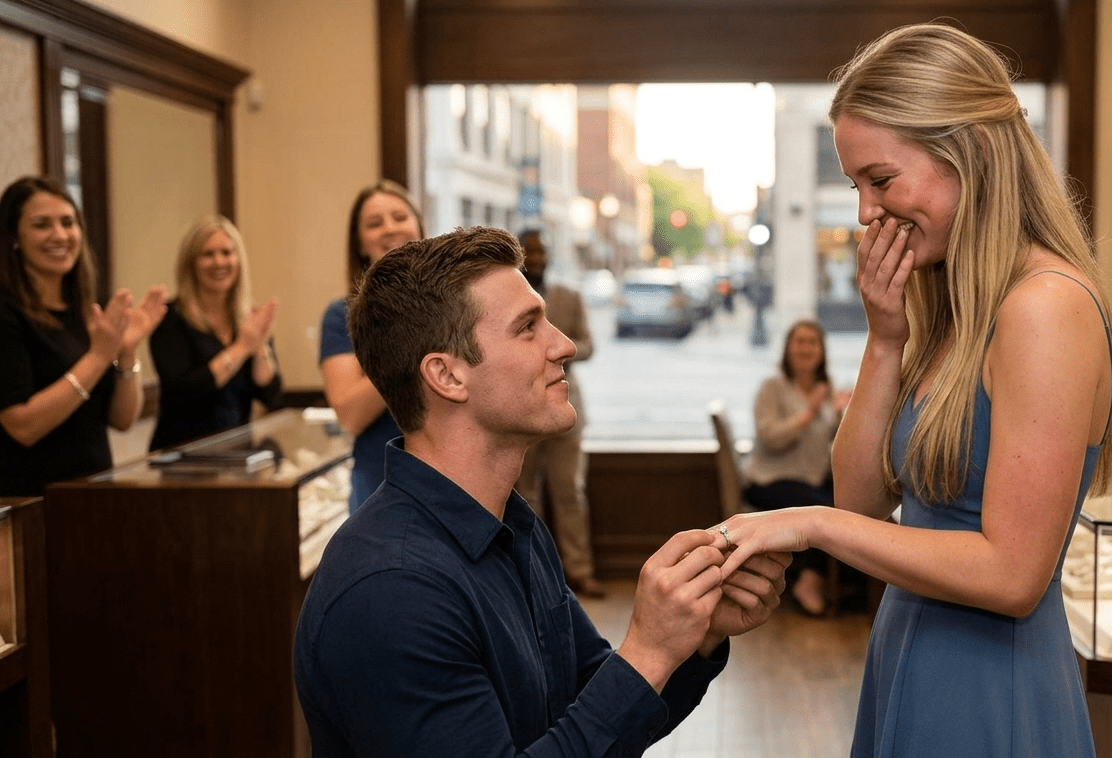 A man kneels in a jewelry store, proposing to a smiling woman as onlookers clap.