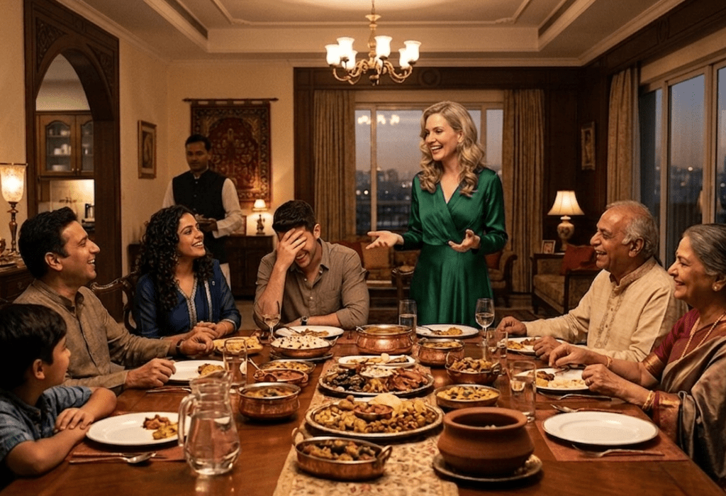 A woman stands to tell a story at a festive dinner table in a grand Indian home. Beside her, a man sits with his hand over his face in playful embarrassment as the Patel family laughs and enjoys a variety of traditional dishes.