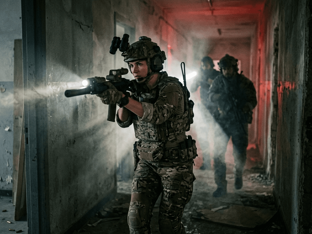 A female special forces operator in full tactical gear leading a multi-person tactical team through a dark, concrete abandoned building hallway, holding a suppressed rifle with weapon lights.