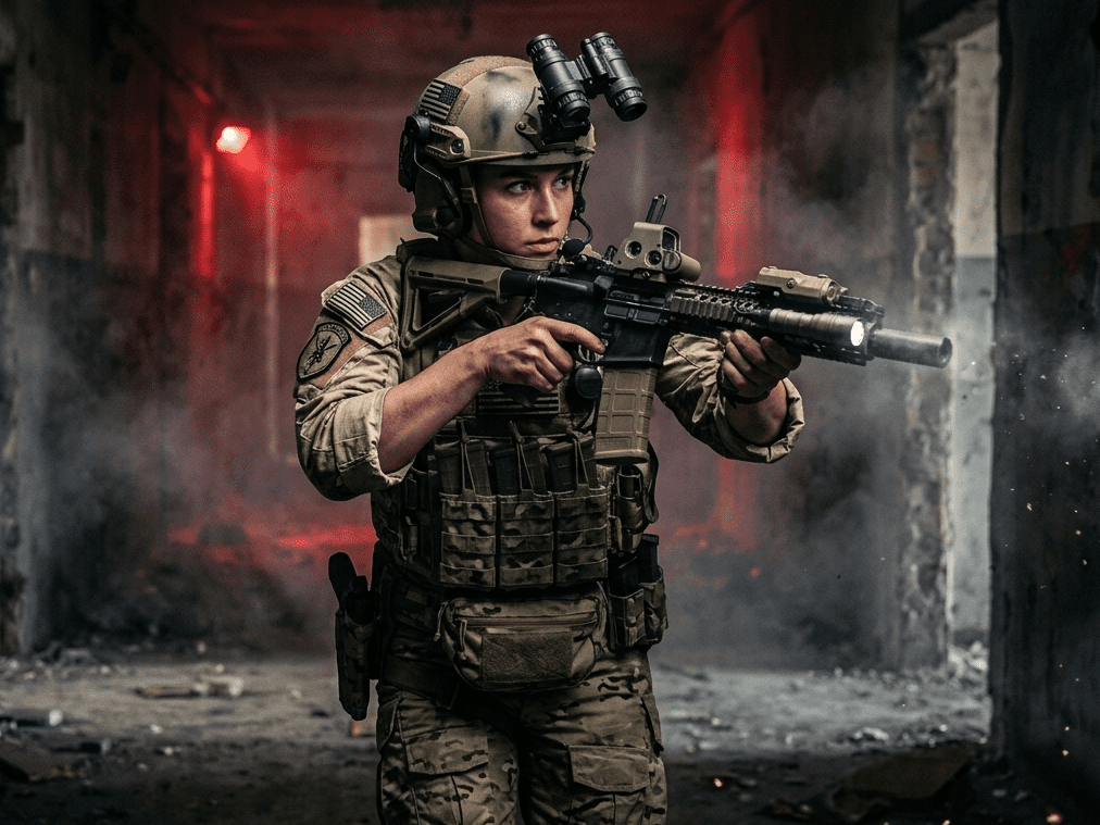 Caucasian female special forces squad leader with a sturdy, athletic physique and a focused, intense expression