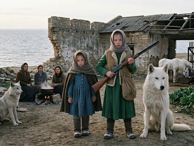 wo young girls in headscarves standing with white wolves and holding a rifle in coastal stone ruins.