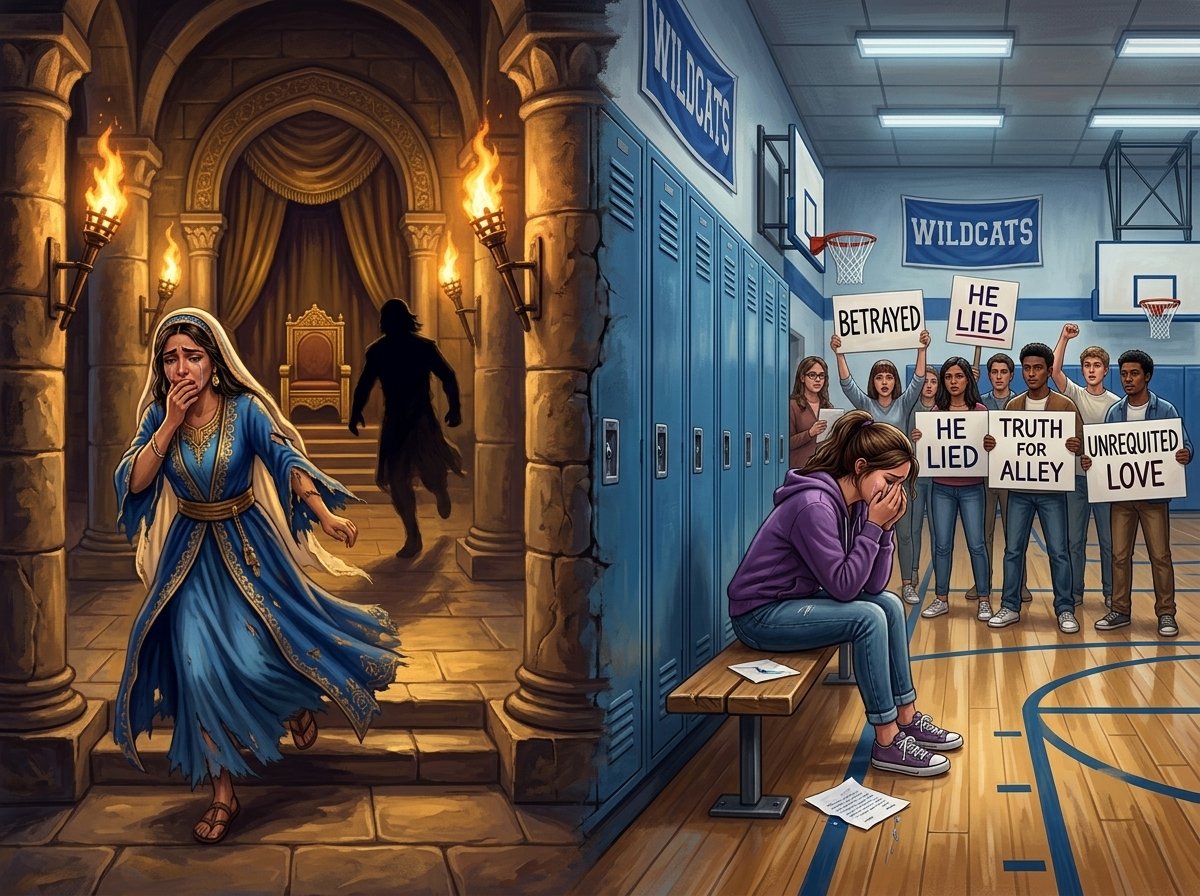 Split-screen digital storybook illustration, 4:3 aspect ratio, cinematic lighting. Left side shows an ancient Middle Eastern palace hall lit by warm wall torches, featuring a weeping woman in a torn royal blue robe fleeing a shadowy silhouette near a throne. Right side shows a modern high school basketball gymnasium with cool fluorescent lights, featuring a heartbroken teenage girl sitting alone on a bench while classmates hold protest signs in the background. A central vertical divide seamlessly joins ancient stone pillars with modern locker walls. Highly detailed, painterly texture, dramatic story art.