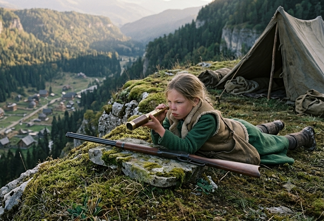 Svetlana lying on a rocky cliff with a brass spyglass and rifle in Svetlana The Wolf Girl of Siberia Chapter 4.