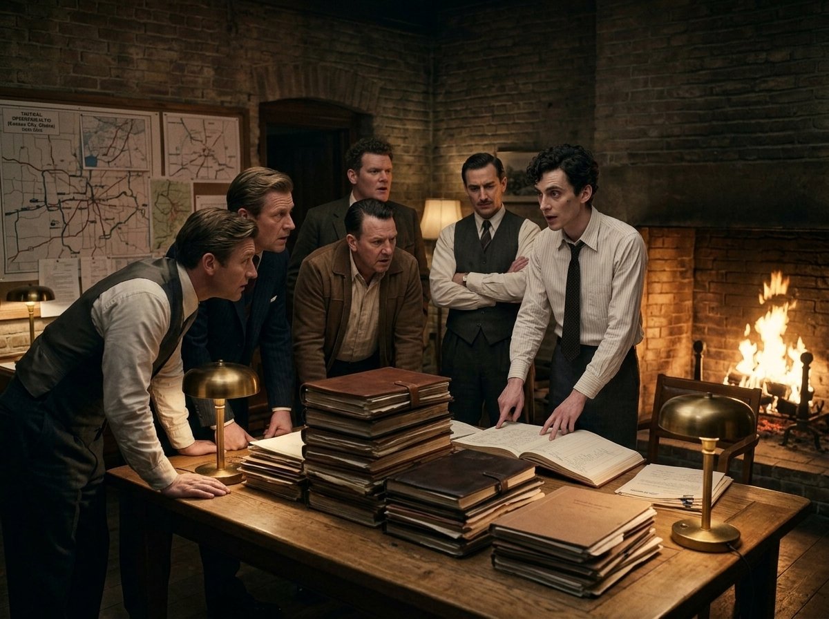 A lanky accountant with curly haired, Thomas Goad presenting the secret holding company ledgers to Nicholas O'Bannon and his crew in A Requital of Gratitude Chapter 4.